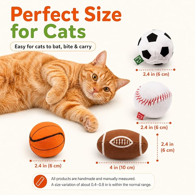 Agape 100% Catnip & Silvervine Filled Cat Toys, Interactive Chew & Kicker Balls for Indoor Cats, Enrichment and Teeth Cleaning Fun for Bored Cats and Kittens, 4 Pack Natural Crinkle Cat Toy with Sound