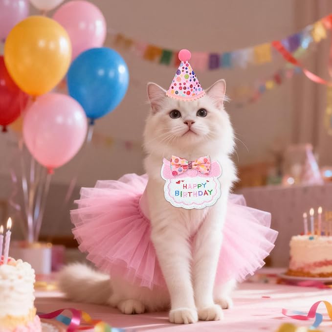 5Pcs Cat Birthday Decorations, Adjustable Cat Birthday Hat Bandana Tutu Skirt Collar Bow & 9 Number Stickers 0-8, Kitten Costume Outfit Decorations for Anniversary of Birth, Small Dog Friendly (Pink)