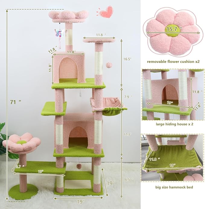 Flower Cat Tree 71 Inches，Large Cat Tower with 2 Detachable Flower Cushions and 2 Hiding Condo, Tall and Big Cat Tree with Hammock Bed, Interactive Toys and Scratching Posts for Indoor Cats (Pink)