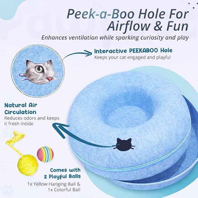 MeowMates Peekaboo Cat Cave Donut Bed for Multiple Cats Upto 45lbs, 3-in-1 Large Cat Tunnel & Donut Bed Combo w Round Tunnel Scratcher for Indoor Cats, Hanging Toy, Washable & Detachable