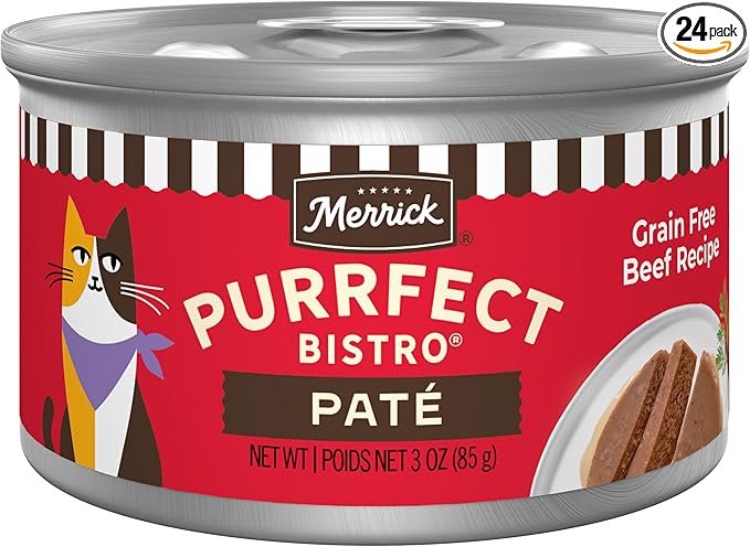 Merrick Purrfect Bistro Grain Free Premium Soft Canned Pate Adult Wet Cat Food, High Protein Beef Recipe - (Pack of 24) 3 oz. Cans
