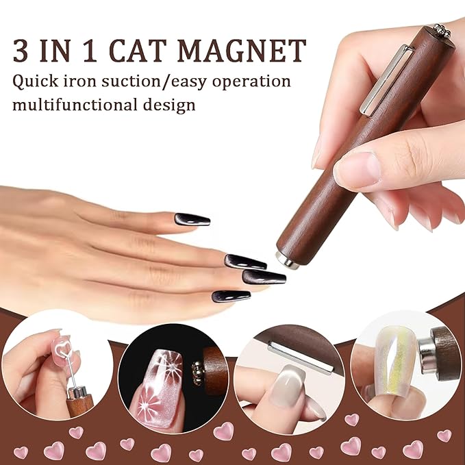 WOKOTO 2 PCS Cat Eye Magnet for Nails, Heart & Rabbit Shape Magnetic Effect Stencil, 3 In 1 Cylindrical And Double-Head Nail Magnets For Nail Art Magnetic Sticks, DIY Manicure Heart Rabbit Magnet Nail