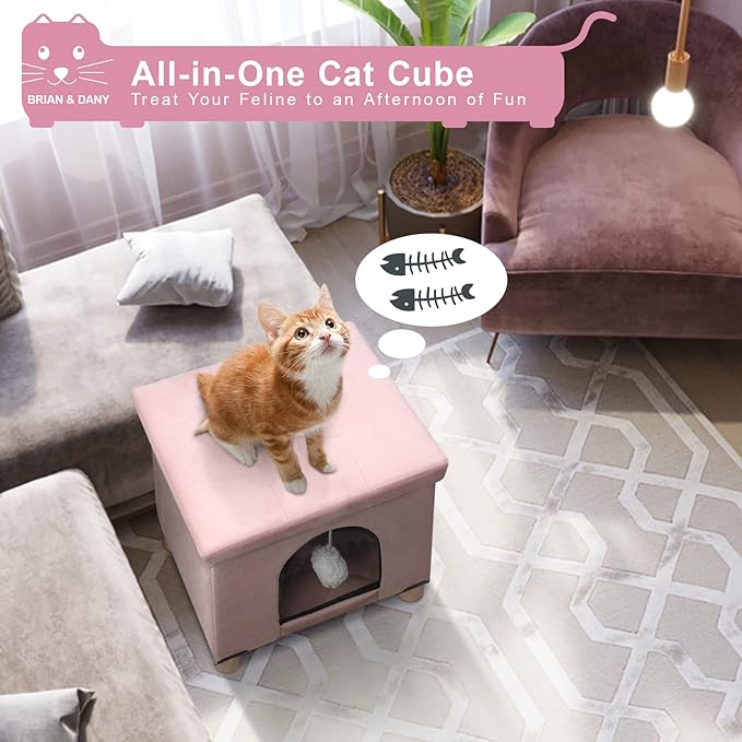 BRIAN & DANY Cat Beds for Indoor Cats,Cat Cave House for Kitten with Scratch Board & Ball,14.5X 12.5X 14.1 inches, Pink