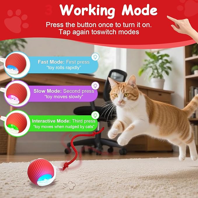 2PCS Interactive Cat Toys Smart Ball for Cats and Dogs, 360° Automatic Rolling Chase, 2 Rapid-Action Tails, designed for indoor pet exercise, boredom relief, and fun chase play.（Yellow＆Green）