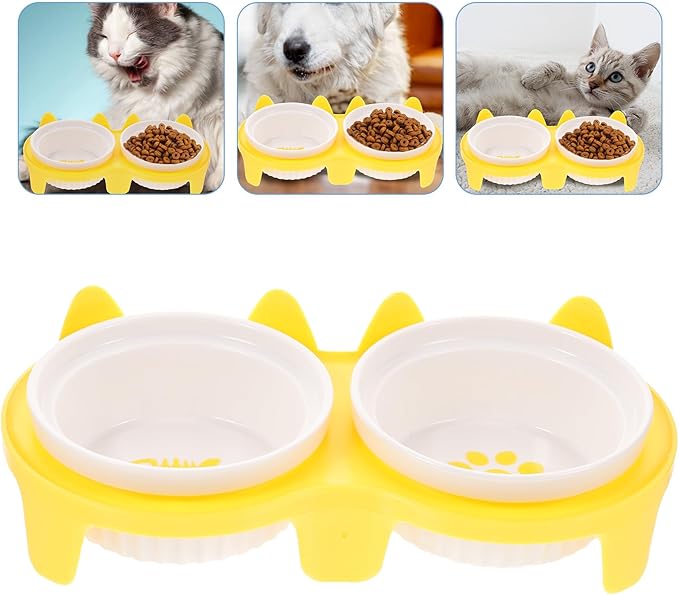 Ceramic Cat Bowl Raised Double Bowls Yellow Thickened Slant Design and Sturdy Stand for Convenient Indoor Feeding and Watering of Cats and Kittens