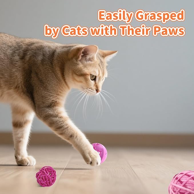 Andiker 6Pcs Cat Toy Pack, Cats Toy Set with Crinkle Balls, Pet Bell Balls, Pet Mouse Toy and Rattan Ball Stimulate Cats Hunting and Chasing Instincts Interactive Kitten Toys for Indoor Cat (Pink)
