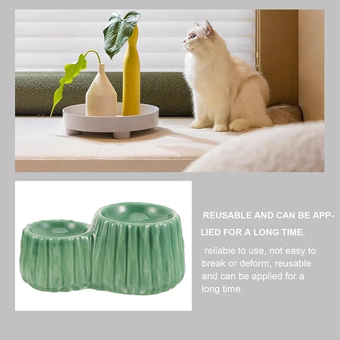 VOSAREA Ceramic Raised Cat Bowl and Elevated Dog Feeder Set with Anti-Spill Design, Green Dual Height Bowls for Pet Feeding and Watering, Suitable for Cats and Puppies