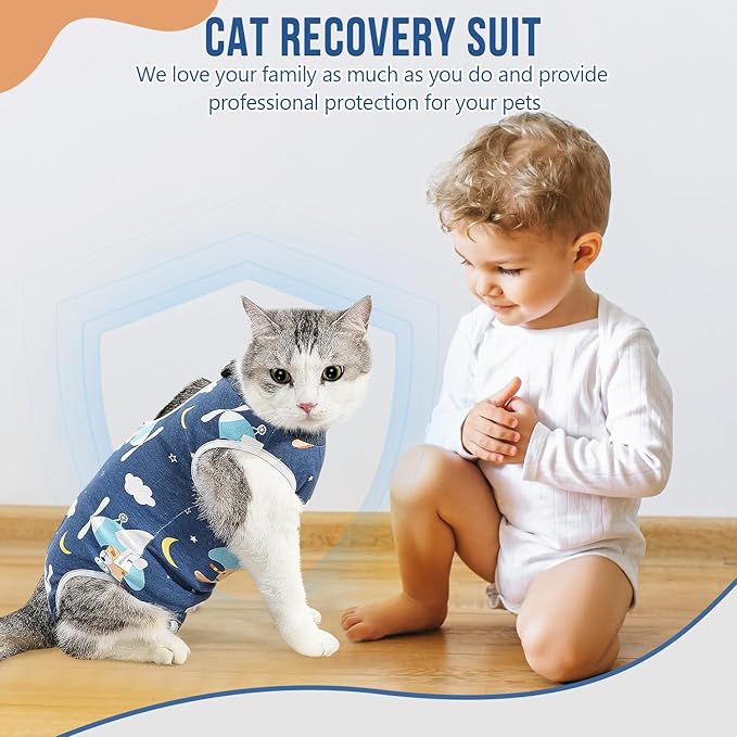 SlowTon Cat Recovery Suit - Cat Onesie for Cats After Surgery Female Male, Kitten Clothes Cats Surgical Spay Suit Abdominal Wounds, E-Collar Alternative Bodysuit Shirt Anti-Licking (Navy, M)