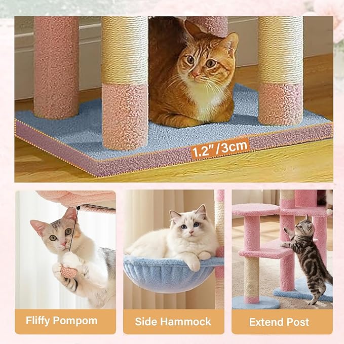 Flower Cat Tree 56 Inches，Large Cat Tower with Detachable Flower Cushions and Hiding Condo, Pink Cat Tree with Hammock Bed, Interactive Toys and Scratching Posts for Indoor Cats