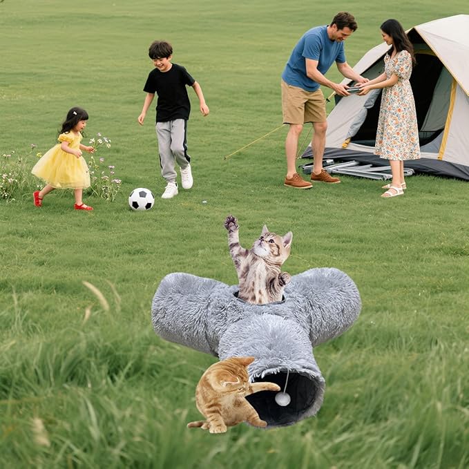 Cat Tunnel Tube Toy Collapsible 3 Way Grey Plush, Pet Tunnels for Indoor Cats, Play Tubes with Hanging Ball Perfect for Kitten, Puppy, Rabbit, Interactive Toys for Fun Playtime & Exercise