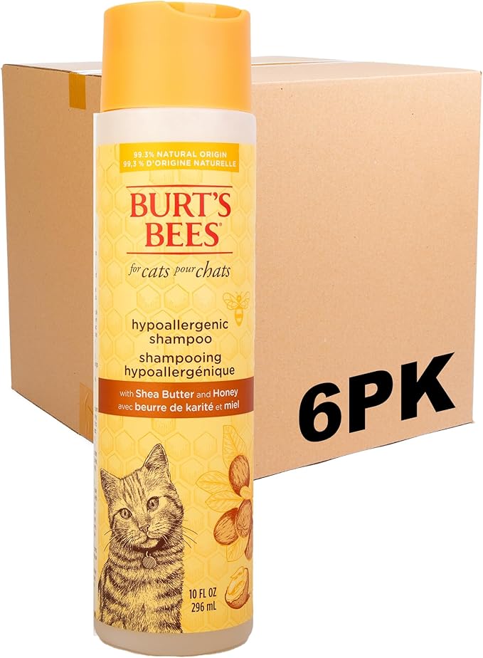 Burt's Bees for Pets Hypoallergenic Cat Shampoo with Shea Butter and Honey, Gentle Formula for Indoor Cats with Dry or Sensitive Skin, pH Balanced, Fragrance-Free, 10 Fl Oz - 6 Pack