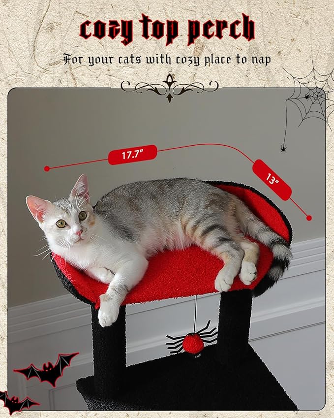 MUTTROS 59" Gothic Cat Tree with Coffin Bed-Black Cat Tower for Indoor Cats with Spacious Cat Condo & Cozy Hammock, Spider Hanging Balls, Sisal Scratching Post and 2 Spooky Perches for Halloween