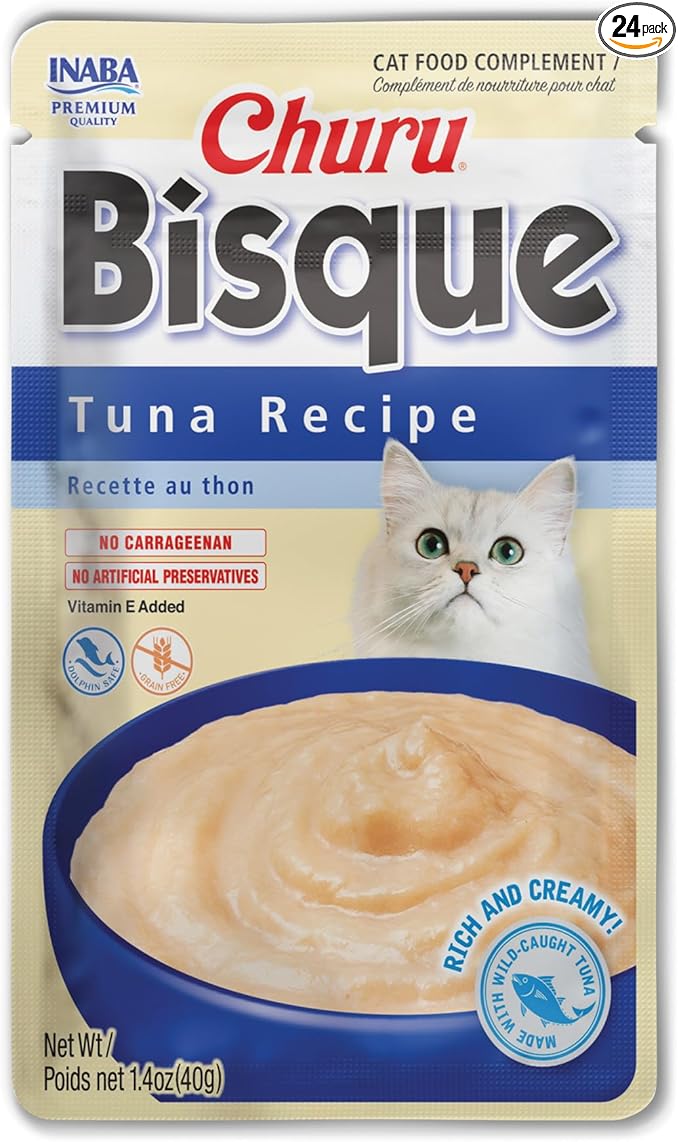 INABA Churu Bisque for Cats, Creamy Lickable Purée Side Dish with Vitamin E, 1.4 Ounces per Pouch, 24 Pouches, Tuna Recipe