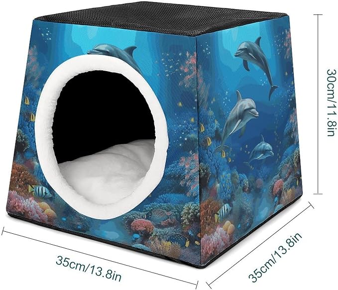 Cat Cave Cat Beds for Indoor Cats Underwater World Dolphins Coral Foldable Cat Hideaway with Washable Cushion and Non-Slip Base