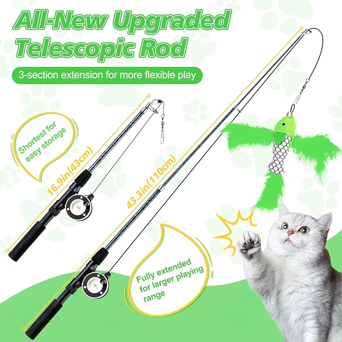 Pawaboo Interactive Cat Toy, Retractable Cat Fishing Rod with 3 Replacement Fishing Lures Made of Feathers and Bells, Adjustable Line Length, Feather Teaser for Cats, Kittens, Fun, Blue