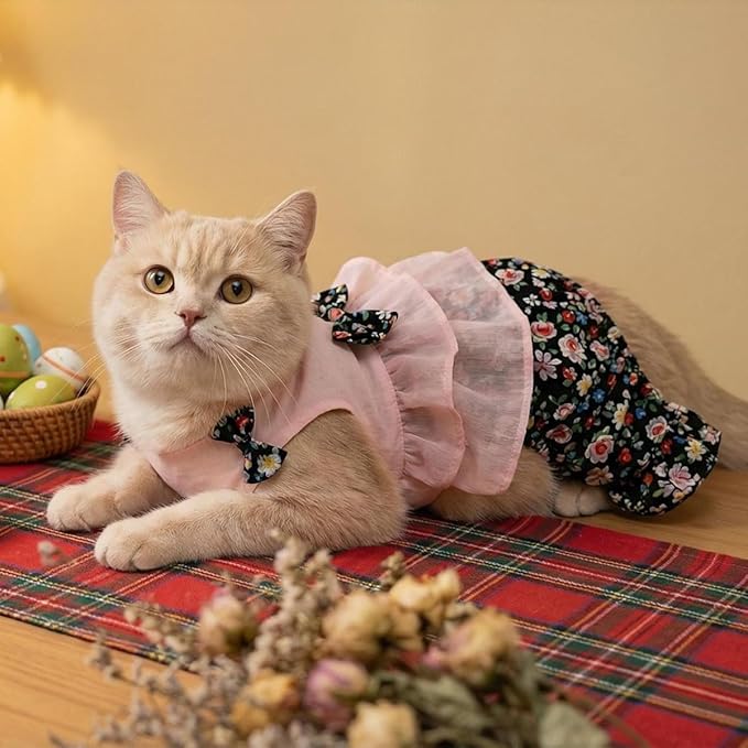 Vintage Floral Bowknot Sleeveless Romper for Small Dogs Cats Rabbits, Breathable Cotton Ruffle Flared Pants, Teacup to Small-Medium Pets for Walk Photo Vacation (Pink-Floral, Large)
