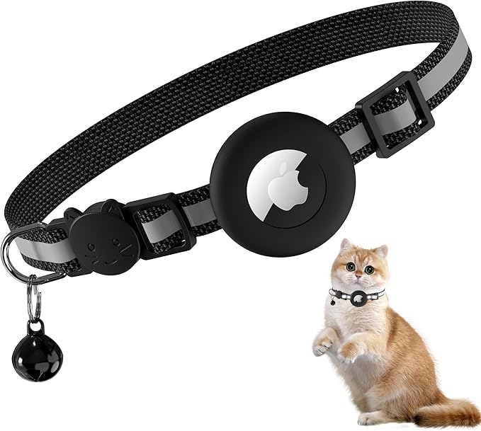 Meliya Airtag Cat Collar Breakaway with Bell, Adjustable Reflective Pet Kitten Collar with Apple Air Tag Holder Case for Girl Boy Cats (Striped Black)