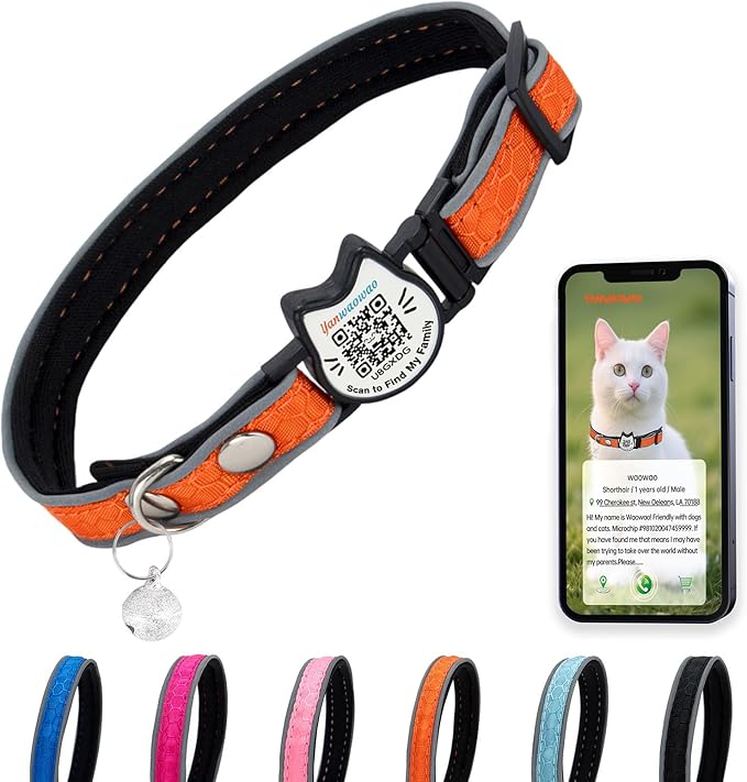 Cat Collar with Bells Reflective Cat Collars Breakaway with Oxford Cloth Soft Padding Adjustable Kitten Collar with QR Code（Orange）