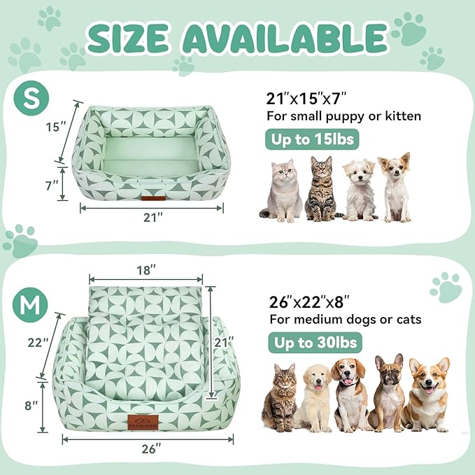 Zerbuger Rectangle Cat Dog Bed for Large Medium Small Pets Indoor Outdoor Machine Washable Sleeping Sofa Non-Slip Bottom Soft Puppy Bed Durable Orthopedic Calming Pet Cuddler (Small, Green Pattern)
