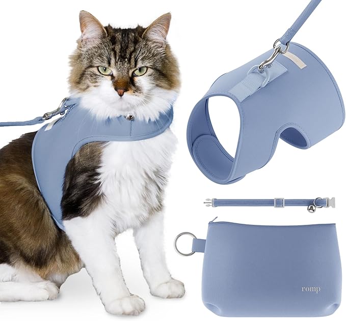 Cat Harness, Collar & Leash Set - Escape Proof Adjustable Choke Free Velcro Harness Vest for Walking Cats & Kittens (Cotton Blue, Large)