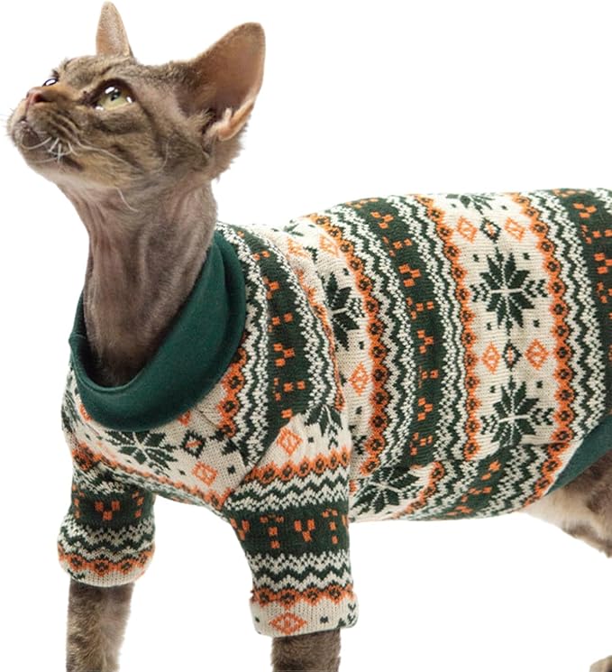 Cat Festive Sweater Pullover, Classic Soft Warm Christmas Clothes for Hairless Sphynx, Devon & All Indoor Kittens (Green,M)