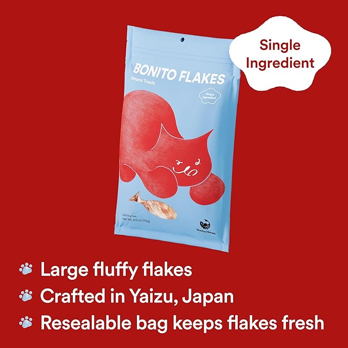 Wild-Caught Bonito Flakes for Cats & Dogs – 100% Wild-Caught, Single-Ingredient, High-Protein, All-Natural – No Additive, Grain-Free – Single-Ingredient – Large Flakes – 4.0oz