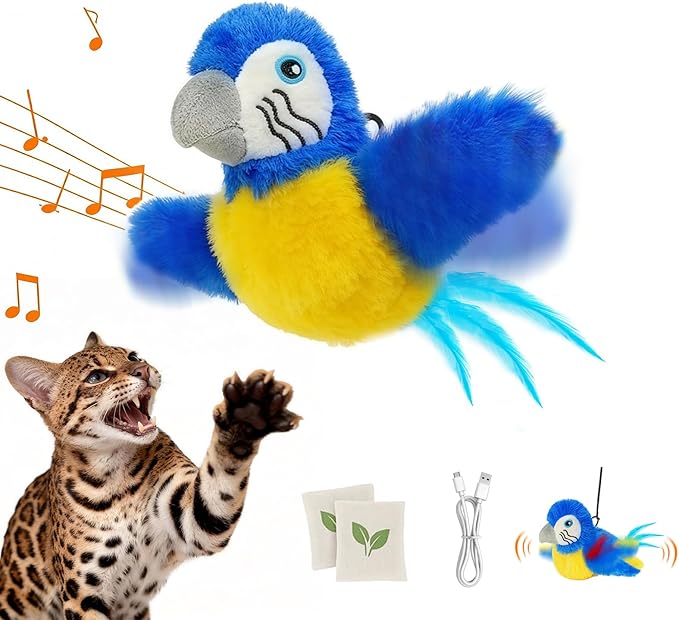 Vannon Cat Toys Flapping Bird(Cannot Fly), Rechargeable Touch Activated Kitten Toy Interactive Cat Exercise Toys with Catnip and Feather for Indoor Cat - Bule