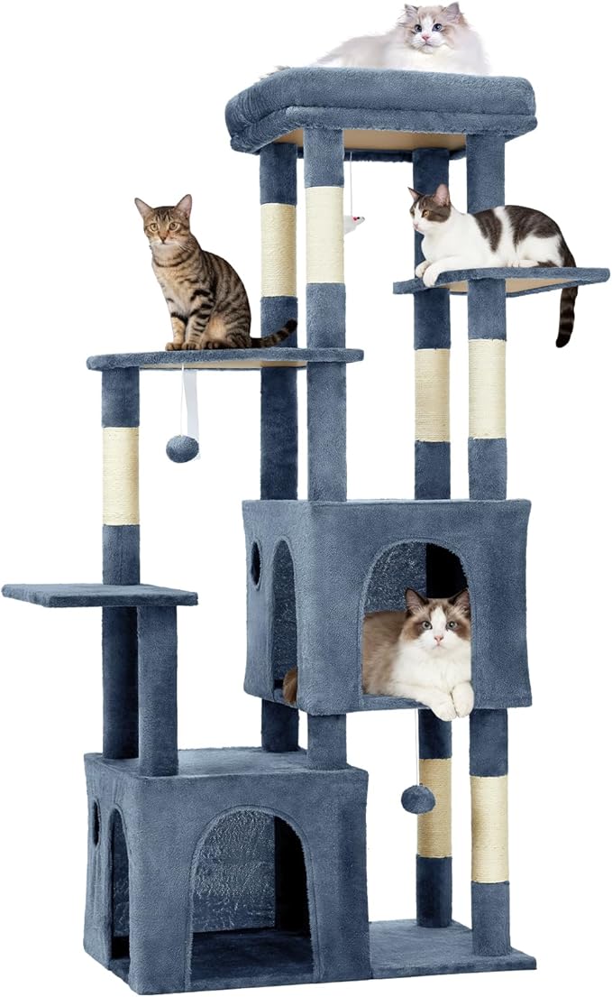 61.4 Inch Cat Tree, Large Cat Tower with Sisal Scratching Posts, 2 Spacious Cat Beds, Hanging Ball & Top Perch, Ideal for Large Indoor Adult Cats, Light Blue