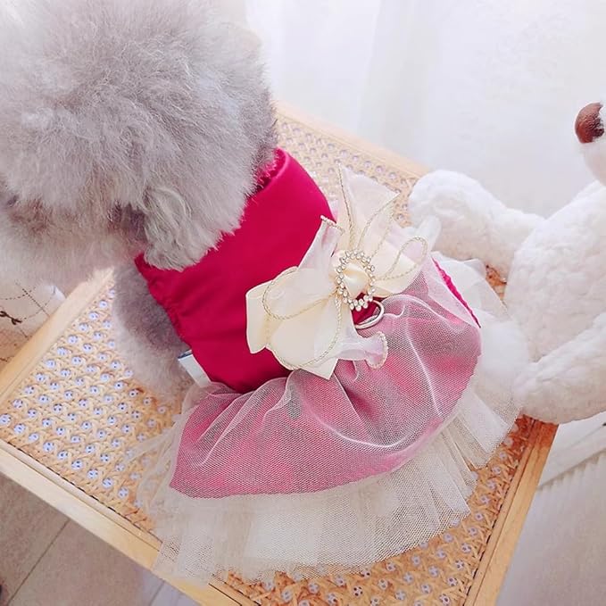 ANIAC Retro Dog Tulle Dress with Leash Ring Spring Summer Girl Puppy Clothes for Small Dog Cat Apparel Formal Pet Prom Dress for Christmas Wedding Birthday Valentines (Red, X-Large)