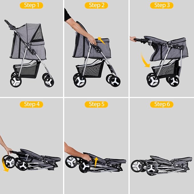4 Wheels Foldable Pet Dog Cat Jogger Stroller Travel Carrier Strolling Cart w/Waterproof Cover Storage Basket Cup Holder & Removable Liner for Medium Small Cat Dog, Grey