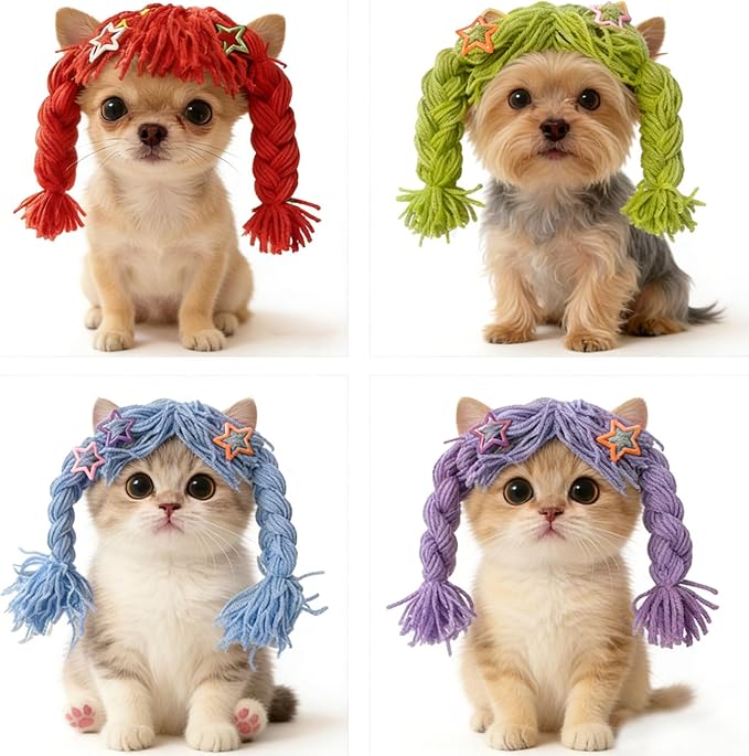 Cat Wig for Small Dogs & Pets, Cute Braided Yarn Costume, Funny Birthday Outfit Clothes, Soft Lightweight Accessory for Photos, Party Props and Daily Wear (Green)
