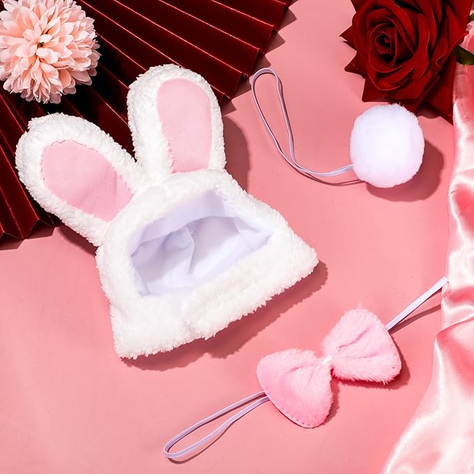 6 Pieces Easter Cute Costume Bunny Rabbit Hat with Ears Cat Bowtie Collar Tail for Cats and Small Dogs Party Costume Easter Pet Accessory Headwear