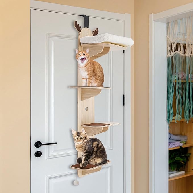 Door Hanging Cat Tree, 4 Tier Vertical Cats Climbing Frame, Door Mounted Cat Tree Tower with Plush Ball, Wooden Cats Climbing Rack for Stair, Foyer, Living Room, Bedroom, Pet Shop