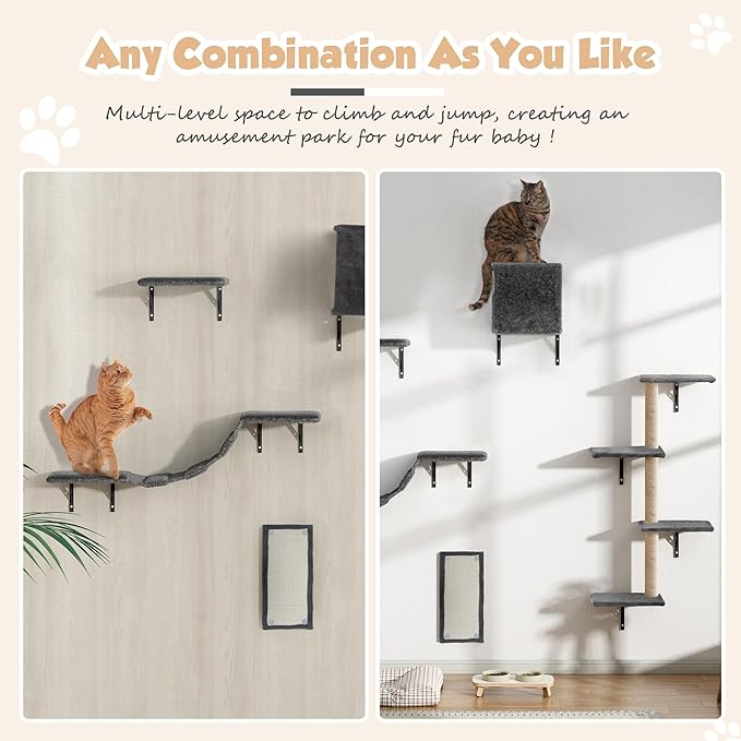 5 Pcs Wooden Indoor Cat Climber - Wall-Mounted Shelves, Perches, Scratching Board, Cat Ladder & Cat Tree - Grey