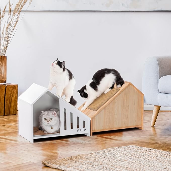 A4PET Cat House Wooden Cat Condo Cat Beds for Indoor Cats with Scrather Cushion with Non-Slip Silicone, Cat Furniture Pet House for Cats Small Dogs