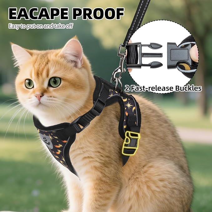 PUPTECK Cat Harness and Leash Set Escape Proof Reflective Cat Walking Harness Adjustable Soft Breathable Mesh Vest for Small Pets, Star&Moon, S