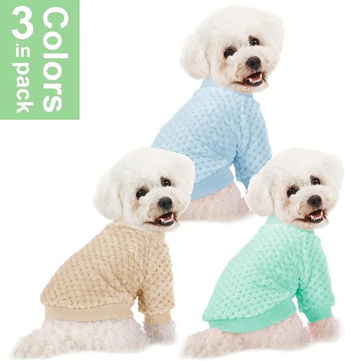 POMIU Dog Sweater, Dog Sweaters for Small Medium Dogs or Cat, Warm Soft Flannel Pet Clothes for Dogs Girl or Boy, Dog Shirt Coat Jacket (Ice Blue+Light Coffee+Teal, XX-Small)
