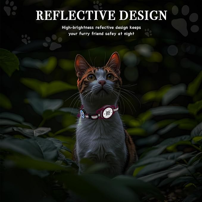 Cat Collar with Airtag Holder & QR Code Tag, Reflective Breakaway Kitten Collar with Quick Release Buckle, Adjustable Nylon Safety Collar for Indoor Outdoor Cats (Rose Red)