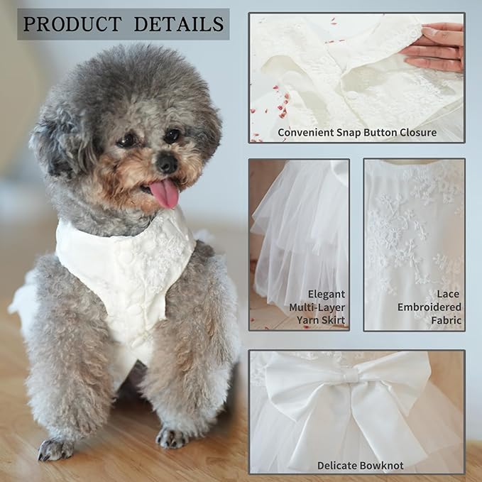 Dog Dress,Pet Wedding Dress Princess Formal Tutu Skirt with Bowknot,Puppy Birthday Party Outfit Apparel Girl for Small Dogs Cats (White Lace, Small)