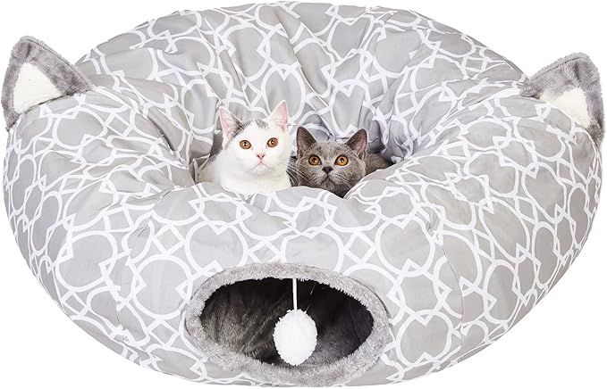 Geometric Cat Tunnel Bed Under Christmas Tree Oxford Outside with Plush Inside,Cats Toys Collapsible Tunnel Tube with Balls, for Rabbits, Kittens, Ferrets,Puppy 3FT