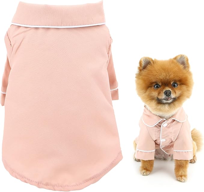SMALLLEE_LUCKY_STORE Dog Pajamas for Small Medium Dogs Cats Soft Pet Sleepwear Shirts Comfortable Lapel Pjs Loungewear Clothes Bulldog Chihuahua Yorkie Two-Legged Outfit, Pink, XS