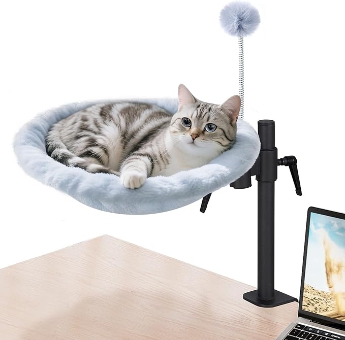Odoland Cat Desk Bed, 360° Rotatable Adjustable Height Cat Hammock Bed for Home Office, Comfortable Soft Desk Kitten Nest with 2 Washable Fabrics for All Seasons
