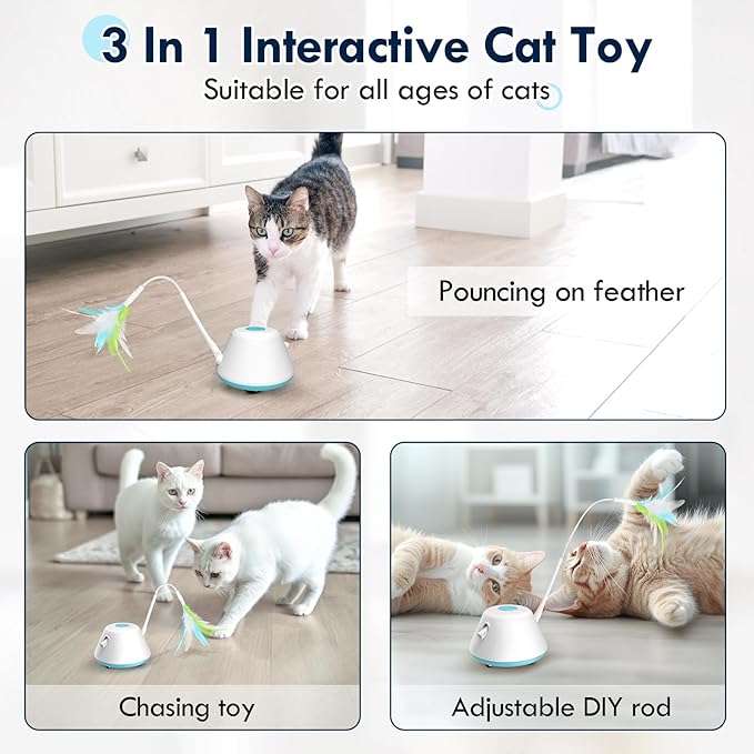 3-in-1 Interactive Cat Laser Toy, Cat Toys, with 3 Removable Feathers & 3 Speed Play Modes,USB Rechargeable Smart Excercise Toy for for Multi-cat Family Adult Bored Kittens