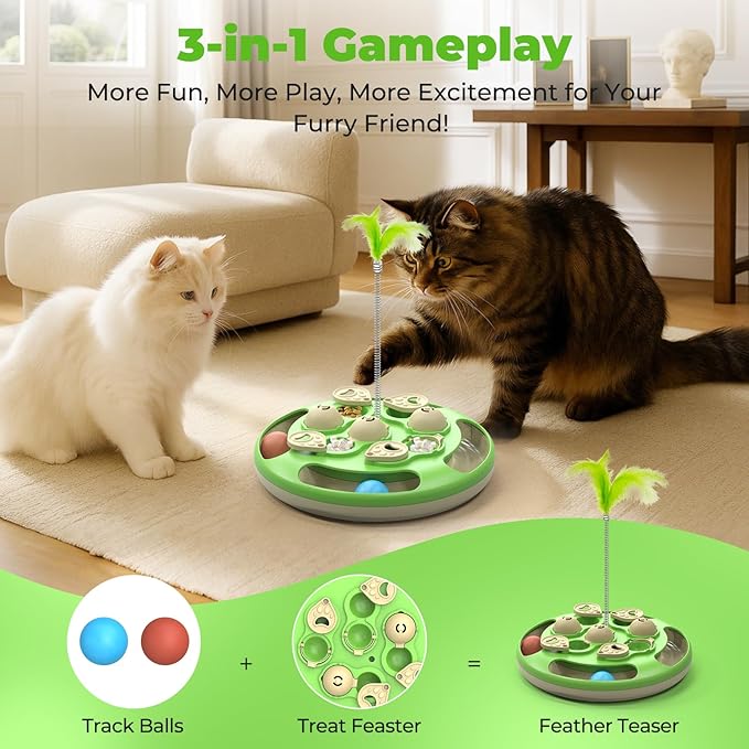 3 in 1 Cat Treat Puzzle Feeder, Level 3 Interactive Cat Puzzle Toy with Track Balls, Feather Teaser & Slow Feeder Insert, Non-Slip Base, Mental Stimulation for Bored Indoor Cats, Green
