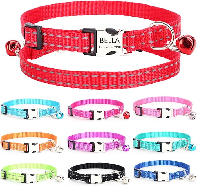 Custom Engraved Cat Reflective Collars with Name & Phone Number,Personalized Adjustable Buckle&Bell ID Tag Collar for Kittens&Cats