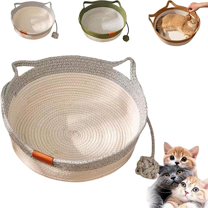 Instinct Basket for Cats - Handwoven Cotton Rope Enrichment Bed with Attached Toy Tail, Scratchable Interactive Pet Nest Features Flexible Walls to Fight Boredom & Protect Furniture (Gray)