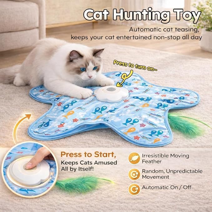 Rotating Interactive Cat Toys with Squeaker for Interactive Playing, Anxiety Relief Boredom Rechargeable Automatic Moving Concealed Feathers Toys Touch Activated for Indoor Adult Cats and Kittens