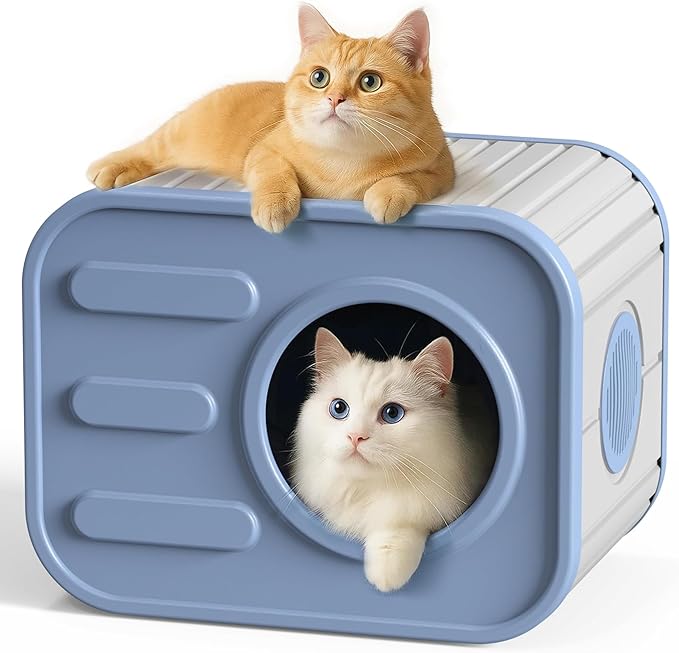Insulated Outdoor Cat House Weatherproof, Plastic Feral Cat Houses for Outdoor Indoor Cats with Camera-Shaped, Stackable Outside Cat House Shelter for Several Cats, Easy to Assemble, Blue