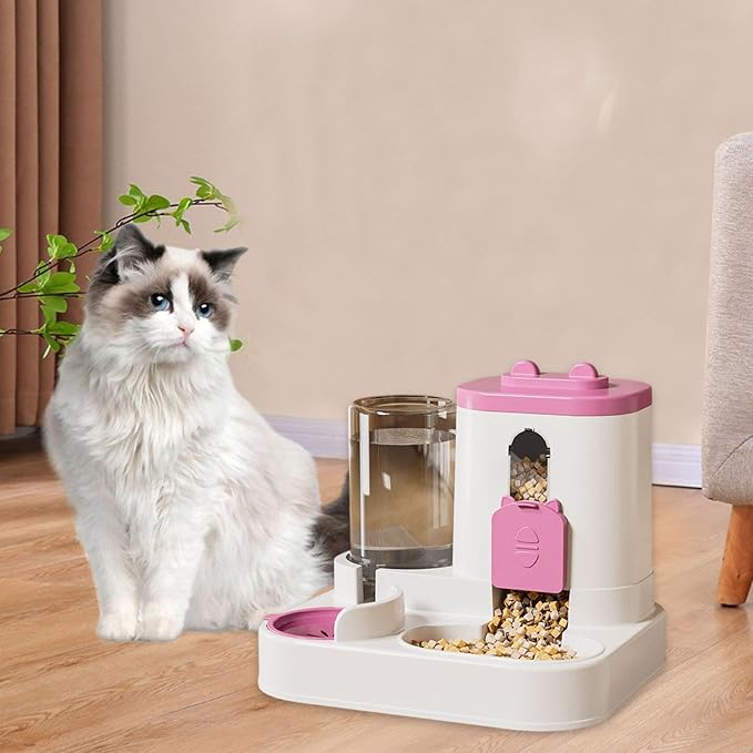 Automatic Pet Feeder and Waterer, 2 in 1, Non-Slip, Large Capacity, for Cats and Small Dogs, Indoor Use, Pink