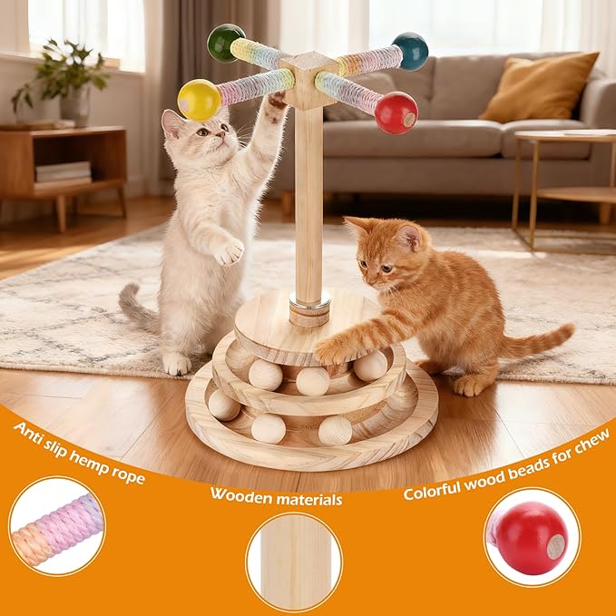 Wooden cat Toy Interactive Turntable with Spinning Ball and teapot Stick, Multi-Level cat Track Ball Toy Suitable for Kittens and Adult Cats, cat Sports Puzzle Toy